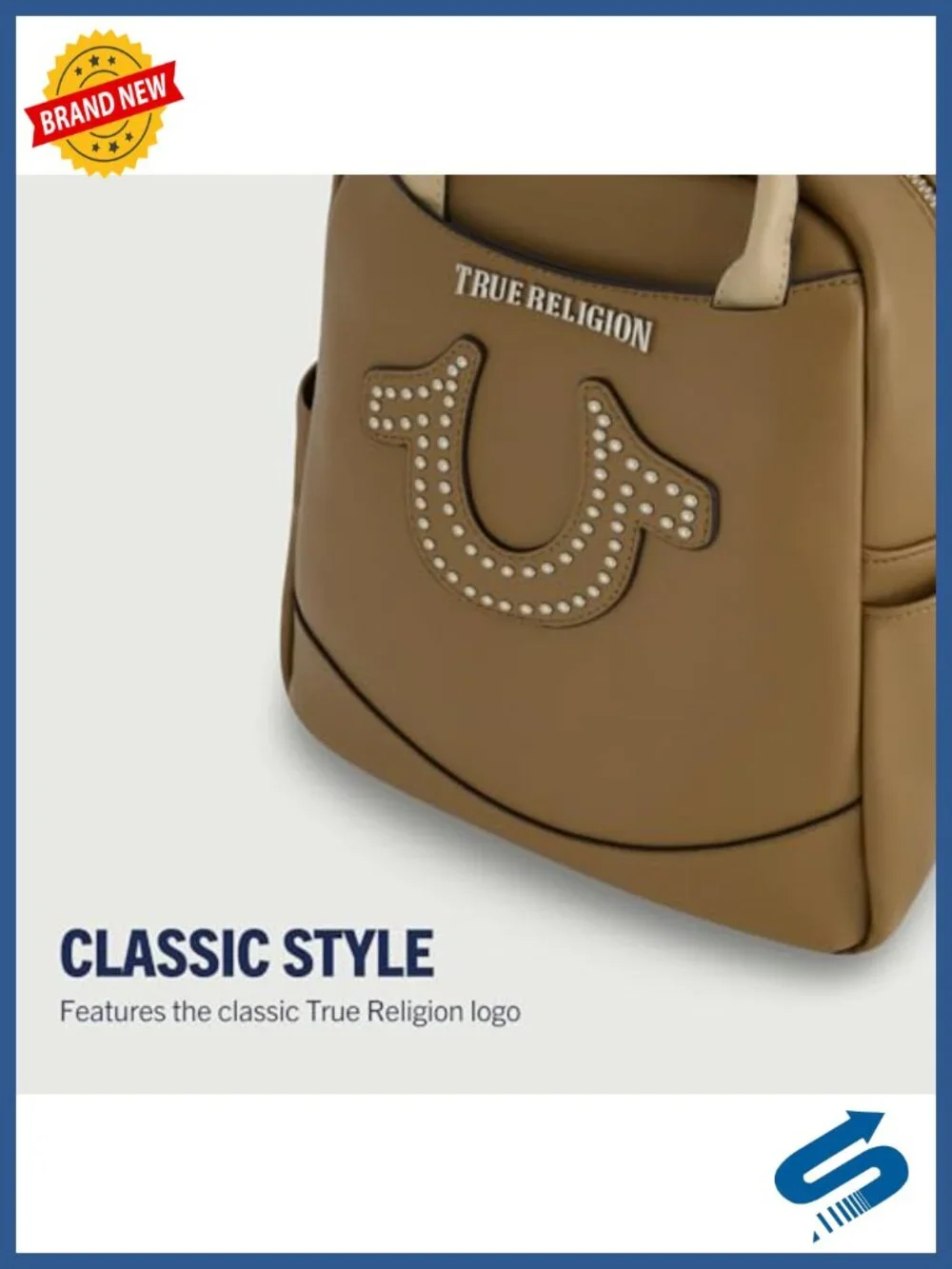 True Religion Mini Backpack, Polyurethane, Studded Horseshoe Logo, Adjustable